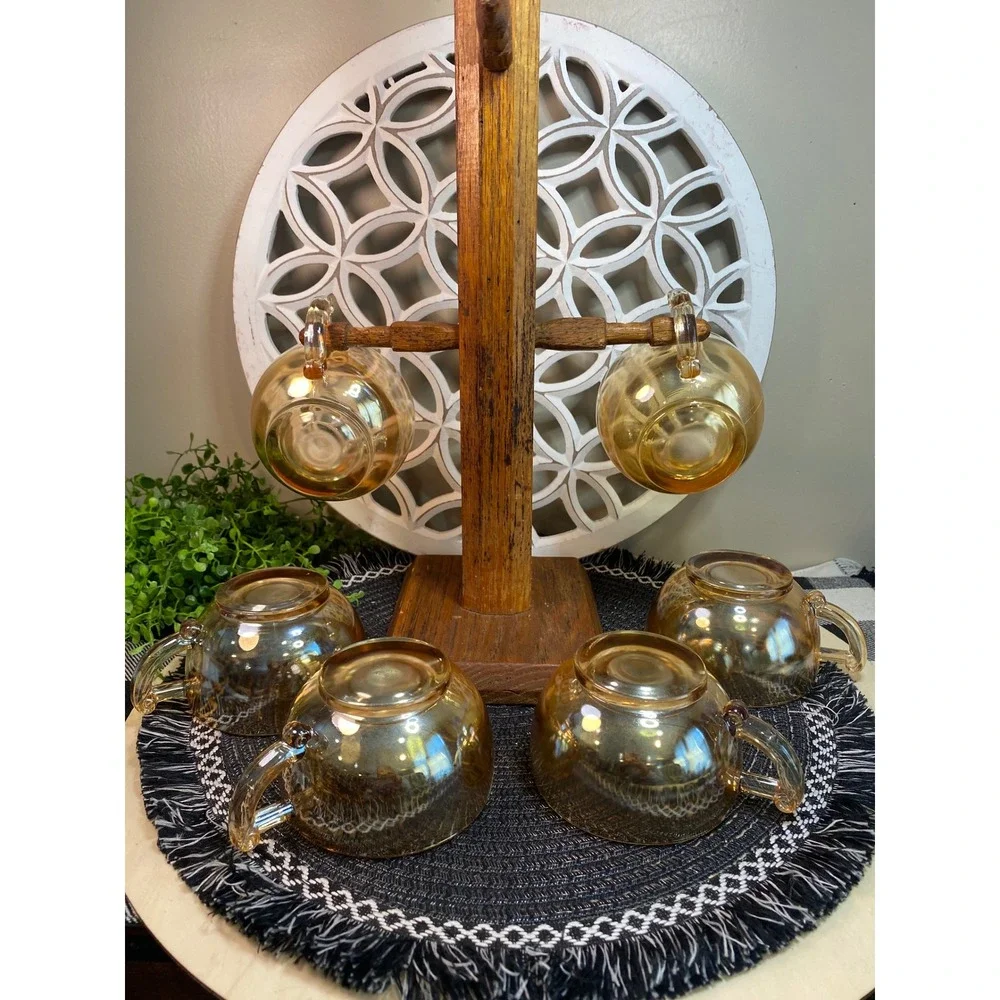 Vintage Fire-King Peach Lustre Tea‎ Cups Set of 6 Iridescent Copper Glass Mugs